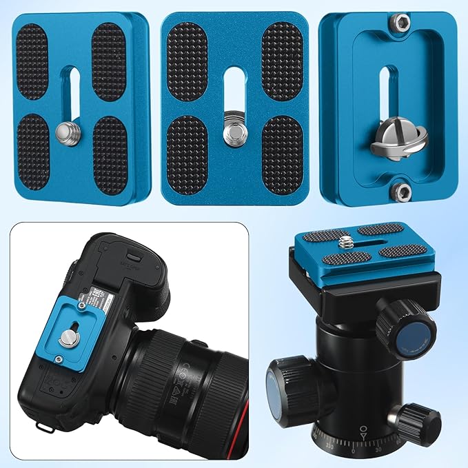 Frienda 2 Pieces Metal Quick Release Plate with 1/4''-20 Camera Screw Tripod Mount Plate Fits Standard for DSLR Camera Tripod Ball Head(Blue,Pu50)