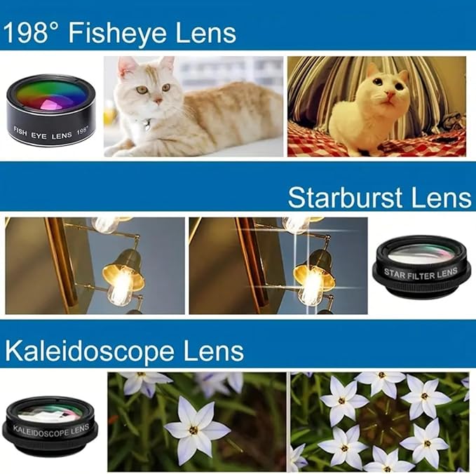 Phone Camera Lens Kit 7 in 1, Fish Eye + Wide Angle + Macro Camera Lenses, Cell Phone Len Attachments Accessory for iPhone, for Samsung, for Android Smartphone