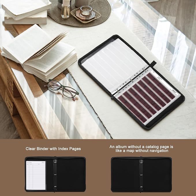 eTone Film Negative Storage Album, Black PU Leather, 50 35mm Acid-Free Sleeves, Triple Ring Binder Box, 13.18x7.08x1.96 Inch (Brown)