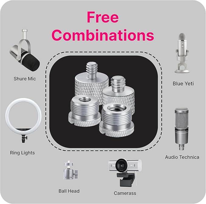 IXTECH Mic Stand Adapter Set 8 pc - Metal Tripod Adapters Female-Male 5/8-3/8, 3/8-5/8, 5/8-1/4, 1/4-5/8 ADP02 Silver