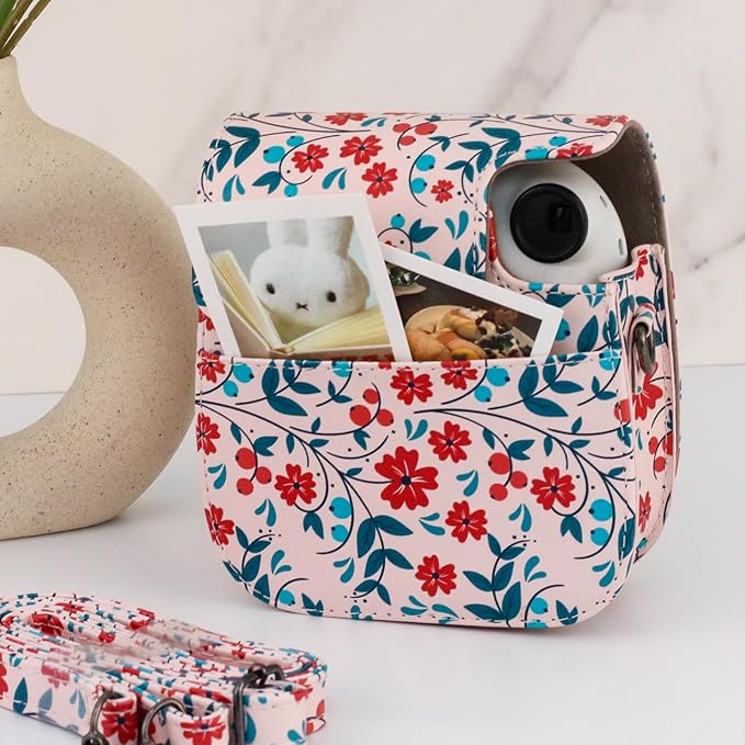 Frankmate Protective Case Compatible with Fujifilm Instax Mini 12 11 9 8 Instant Film Camera with Pocket and Adjustable Strap (Flowers Red)