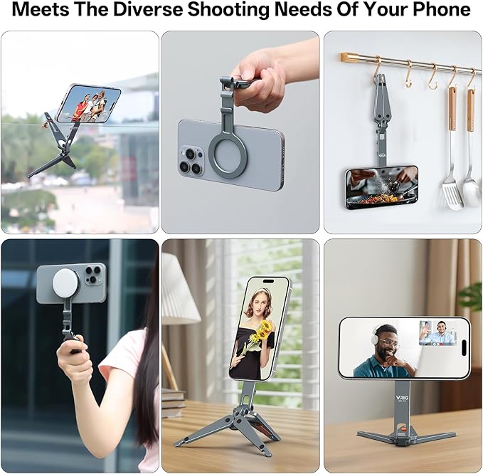 VRIG MG-34 Magnetic Phone Tripod Stand for iPhone, Aluminium Alloy Foldable Phone Stand for Desk/Handheld, 1/4'' Screw Hole, Cold Shoe Mount and Hook, Compatible with iPhone 17 16 15 14 13 12 Series