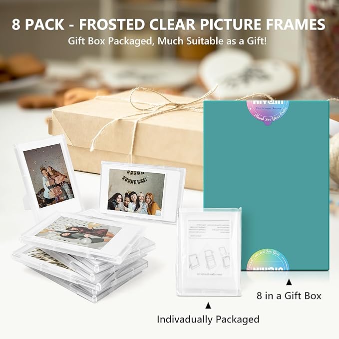 HIYQIN 2x3 Frosted Clear Photo Frames - 8 Pack Small Photo Frames for 3” Fujifilm Instax Mini Film - for Instax Mini 12 11 9 8 7s 90 99 40 EVO Tabletop Frame, 2x3 Photo Dispaly - Frosted Clear