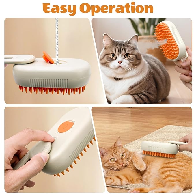 4 in 1 Cat Steam Brush for Shedding with Foldable Handle, Pet Hair Cleaning Brush Comb Anti-Static Pet Grooming Tool for Cats and Dogs Steam,Massage,Cleaning,Shedding & Combing (Brown)