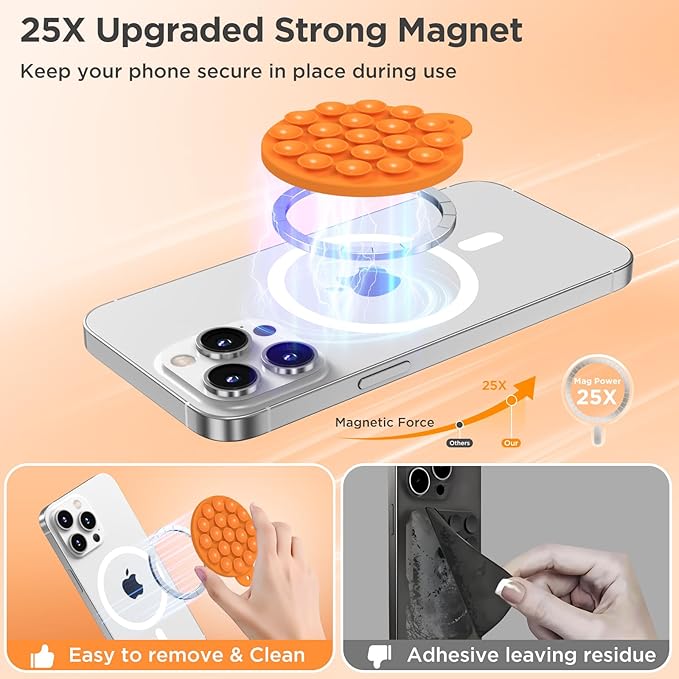 Magnetic Suction Cup Phone Mount with MagSafe, Silicone Hands-Free Grip Holder for iPhone Case and Android, Mirror Shower Phone Stand for Makeup FaceTime Gym Kitchen Bathroom, Orange