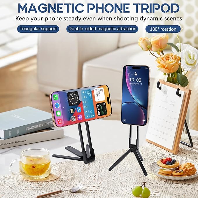 Magnetic Phone Tripod Stand, Foldable Magnetic Pocket Phone Tripod, Aluminum Alloy Mini Portable Cell Phone Stand Magnet Quick Mount,Suitable for Daily Shooting (Black)