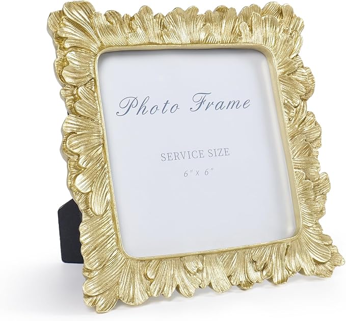 Cuspin 6x6 Picture Frame Gold Frames Square, Vintage Palm Leaves Textured Hand-Crafted Resin Frames with Glass Front, Retro Photo Frame for Wall Hanging and Tabletop Display Home Decor