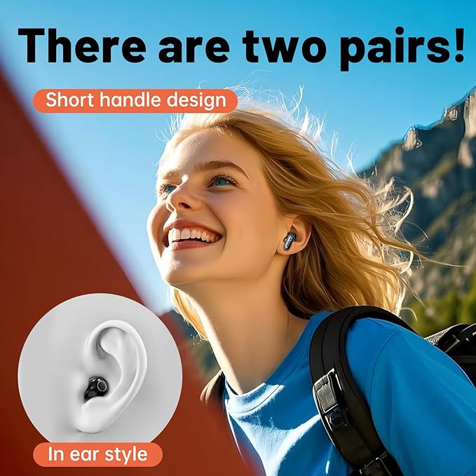 Wireless Bluetooth Headset，Tiny Size Invisible Earbuds，Sleep and Sports Earphones Set, 2 Pairs, Mini and Short Handle Design，for Work Sport Sleeping ﻿ ﻿ (Black)