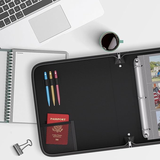 ZOOPIP Fireproof 3 Ring Binder with Zipper,1 Inch D Rings Hold up 245 Sheets of 8.5" x 11" (A4),Compatible with Clear Page Protectors, Built-in net and Pen Holder (1 Pcs, Black, 1")