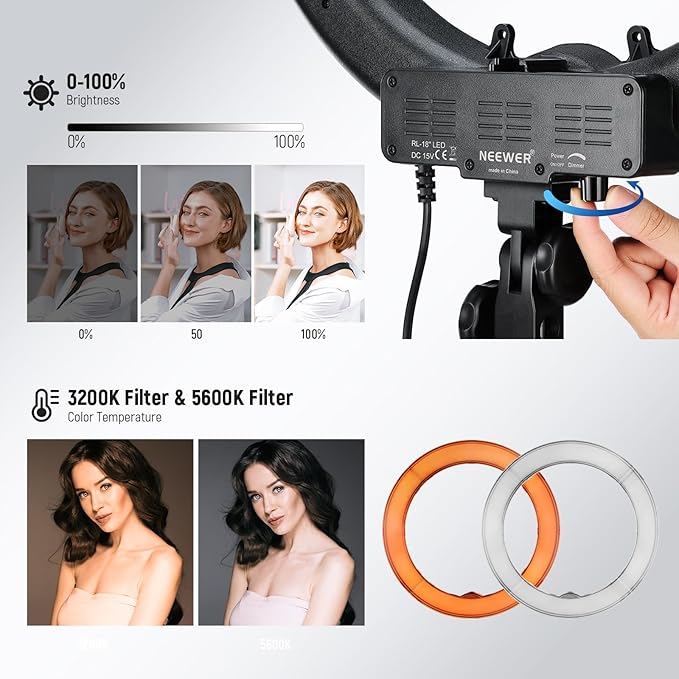 NEEWER 18" Ring Light, 58W 5500lx 5600K Dimmable CRI95 240 LEDs, Lighting with Cold Shoe Bi Color Filters Carry Bag Phone Holder for iPhone Selfie Makeup Studio Photography Video Recording, RL-18