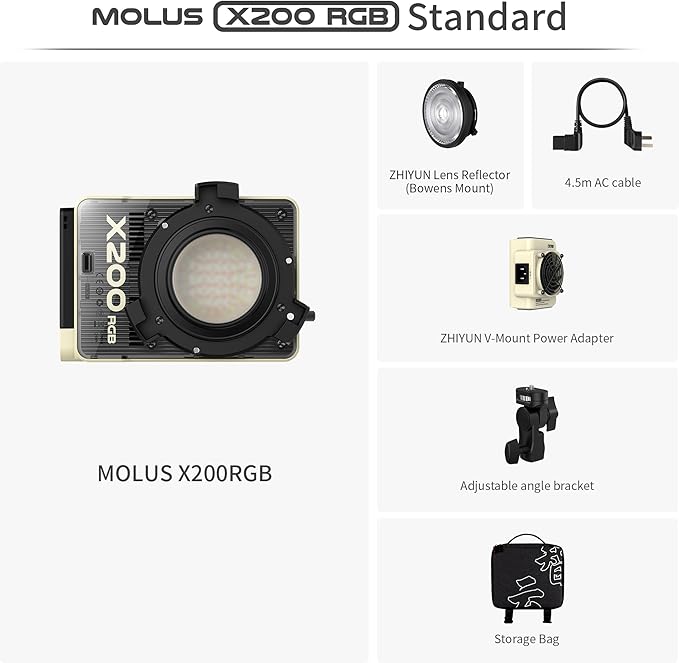 ZHIYUN MOLUS X200 RGB Standard 200W Video Light [Official] Handheld Continuou Output Light Portable Professional Photography Lighting Bowens Mount 2500K~10000K CRI≥95 TLCI≥97 Only 830g (No Battery