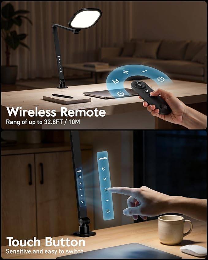 Desk Lamps for Home Office, 2000LM Eye-Caring Desk Light with Clamp, Dimmable Zoom Lighting with 3 Colors & 10 Brightness, Remote Computer Ring Light for Video Calls,Conference, Reading, CRI>95