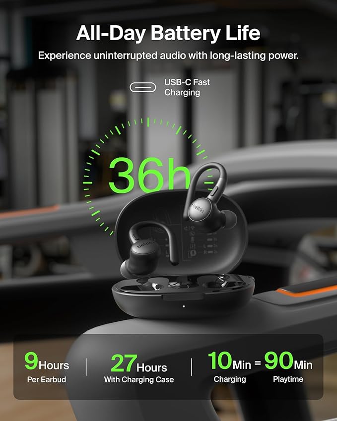 Belkin SoundForm ActiveFit Wireless Earbuds w/Built-in Microphone, USB C Fast Charging, 36H Battery Life, IP54 Water Resistance - Bluetooth Earbuds for iPhone, iPad, Galaxy, Pixel, & More - Black
