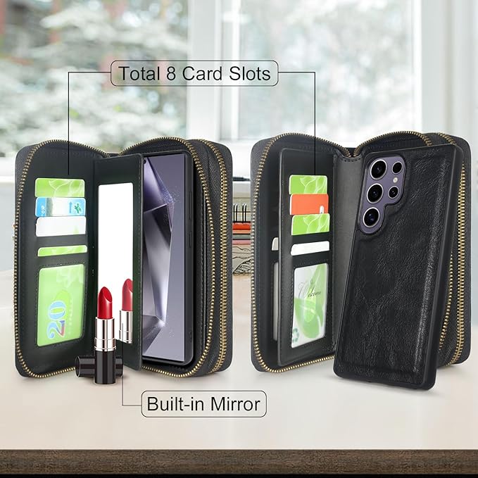 Harryshell Compatible with Samsung Galaxy S25 Ultra Case Wallet Multi Zipper Detachable Removable Cover Purse with Card Slots Holder Mirror Crossbody Wrist Strap for 6.9 inch (Black)