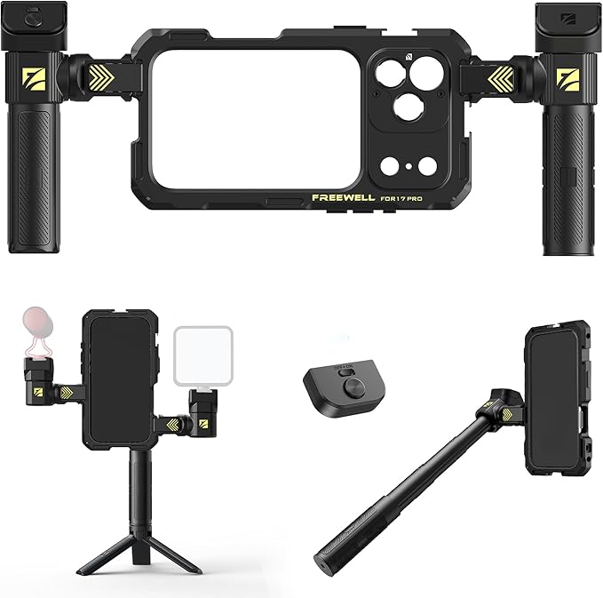 Freewell Genius Rig Cage for iPhone 17 Pro - Tool-Free Setup, Multifunctional Tripod and Monopod Handles, Bluetooth Remote