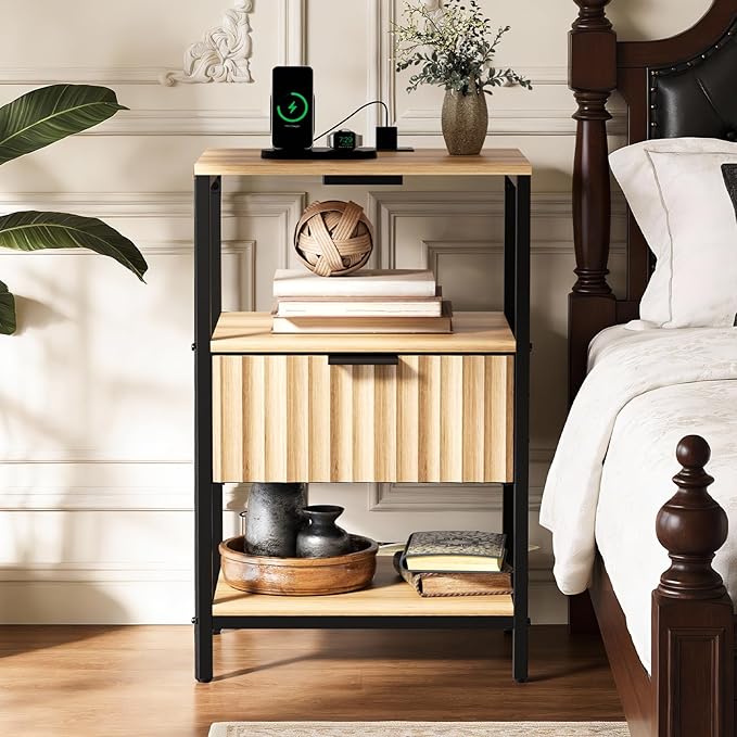 Bonnlo Fluted Nightstand with Charging Station, End Table with Fabric Drawer, Night Stand with Storage Shelf & Handle, Fluted Side Table for Bedroom/Living Room, Oak