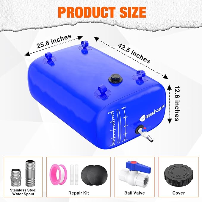 Yesker Portable Water Storage Bladder 63 Gallon – Heavy-Duty 1000D PVC Foldable Water Bladder Tank with 3/4" PVC Spigot for Garden, Camping & Emergency Use, Blue