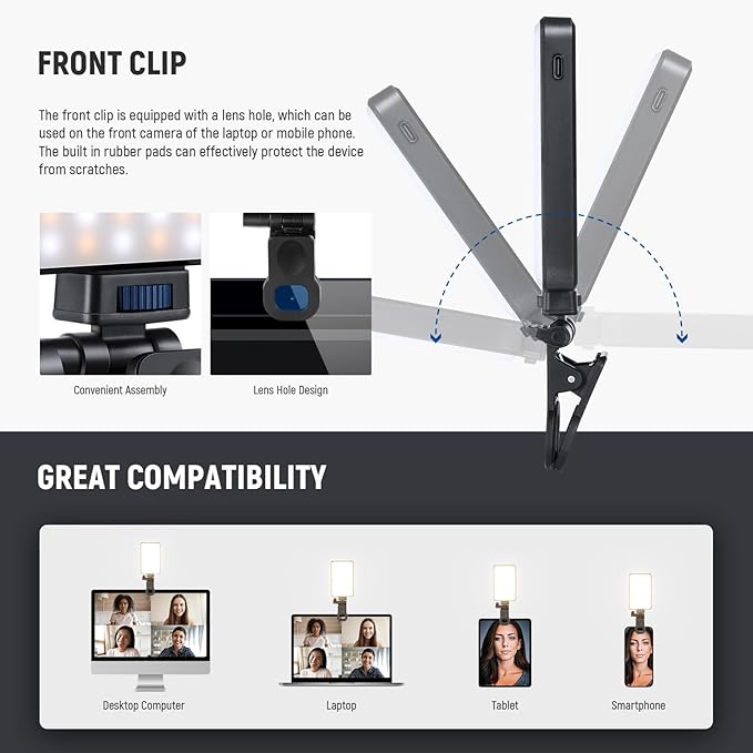 NEEWER Basics LED Selfie Phone Light, Rechargeable 2500-9000K Clip On Fill Light, Color Films/Diffuser/3000mAh, CRI95+ Dimmable Video Conference Lighting for iPhone Camera Laptop Zoom Call, BL120B