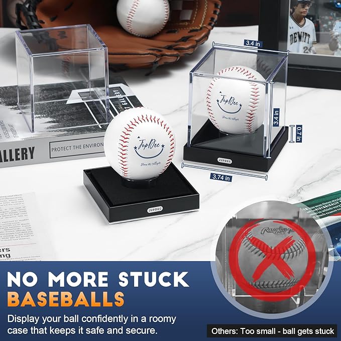 JupDec Baseball Display Case for Single Autograph Ball, Clear Acrylic Cube Baseball Holder with Velvet Interior, UV Protected Stand Box with Durable Base, Ideal Gift for Sports Fans, Silvery, 2 Pack