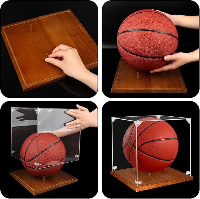 Clear Acrylic Basketball Display Case with Wood Base & Tee, Memorabilia Stand Cube Holder, Dust Protection Transparent Storage Box for Single Ball Souvenir Basketball Collections