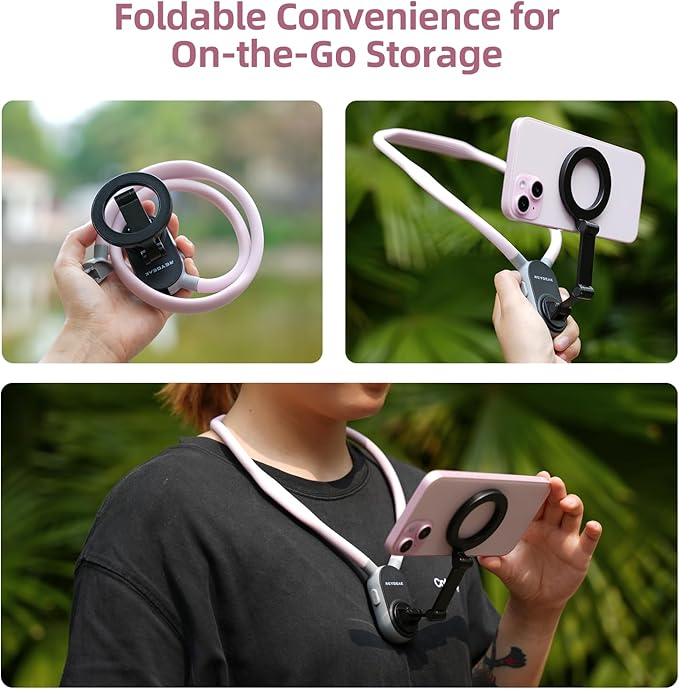 REYGEAK Magnetic POV/Vlog Phone Neck Mount Holder for Magsafe iPhone 16/15/14/13/12 Pro Mini/Plus/Pro/Pro Max, Hand Free Chest Stand Video Recording for Mobile Phone Accessory (Sakura Pink)
