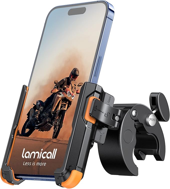 Lamicall Motorcycle Phone Mount Holder - [Camera Friendly] [1s Lock] Bike Phone Holder Handlebar Clamp, Bicycle Scooter Phone Clip, for iPhone Air, 17, 16, 15 Pro Max, Galaxy, 4.7-7" Phones, Orange