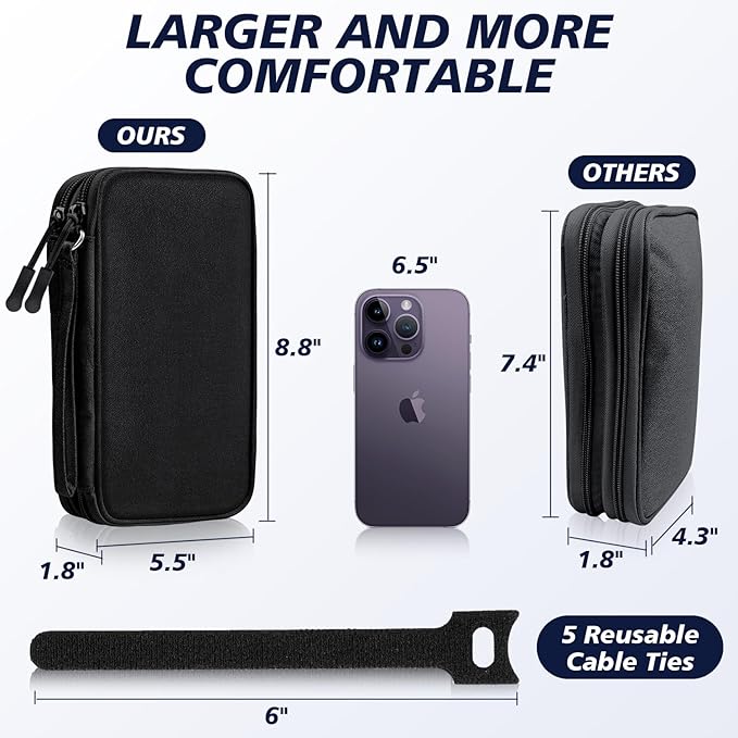 Electronics Organizer Travel Case, Travel Accessories Essentials for Men Women, Cord Organizer Travel Tech Pouch, Waterproof Double Layers Storage Bag for Cable, Charger, Phone, Earphone, Black