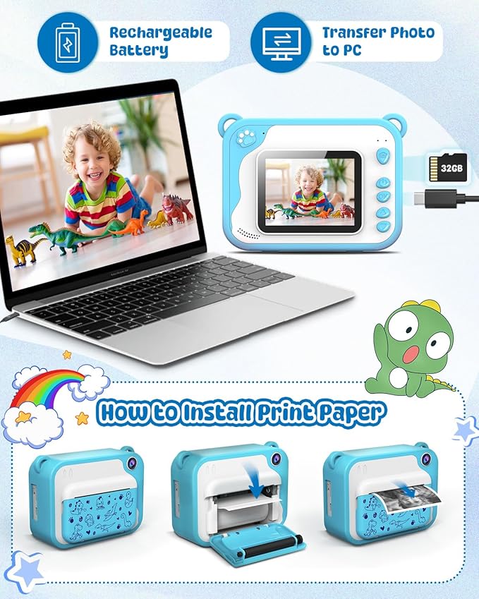 Kids Camera Instant Print, Dinosaur Instant Print Camera for Kids with 1080P Video, 32GB SD Card, 240 Photos, Christmas Birthday Gifts for Boys Girls Ages 3-12 (Blue)