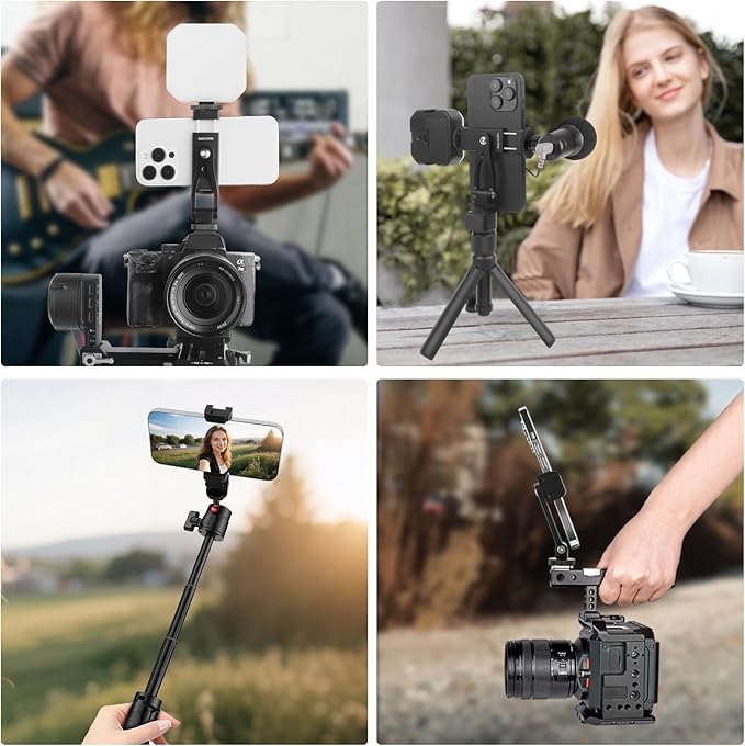 Metal Phone Tripod Mount with Cold Shoes & 1/4" Thread, 180° Tilt & 360° Rotation Tripod Phone Holder Stand for iPhone 16 Pro Max/Samsung Galaxy/All Phones/Camera/Cage/Selfie Stick (69001)