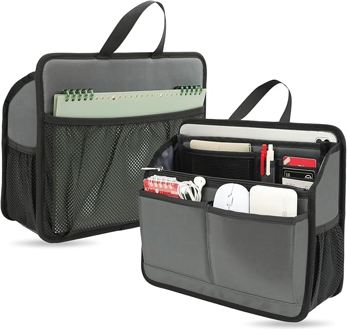 Small Rugged Organizer Insert for Briefcase Tote Shoulder Messenger Bag-19 Pockets,Durable Padded Nylon,Handle-Gray