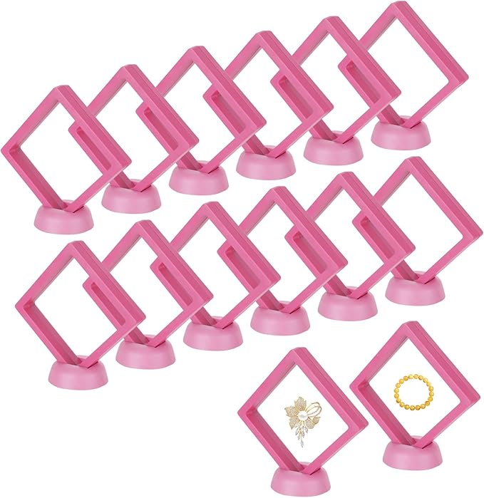 12PCS 3D Floating Frame Case with Stands, Challenge Coin Display Stand Holder, Gift Packing Showcase for Earrings, Jewelry, Medallions, Specimens, 3.54x3.54 Inch (Pink)