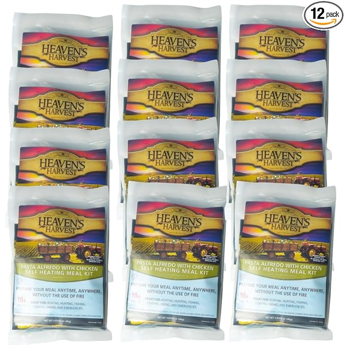 Heaven's Harvest Self-Heating Emergency Meal Kit (10 Year Shelf Life) — Tastier than MRE Meals & Ready-To-Eat in Minutes! Just add water to activate the “cooking” process. (Pasta Alfredo) (12-Pack)