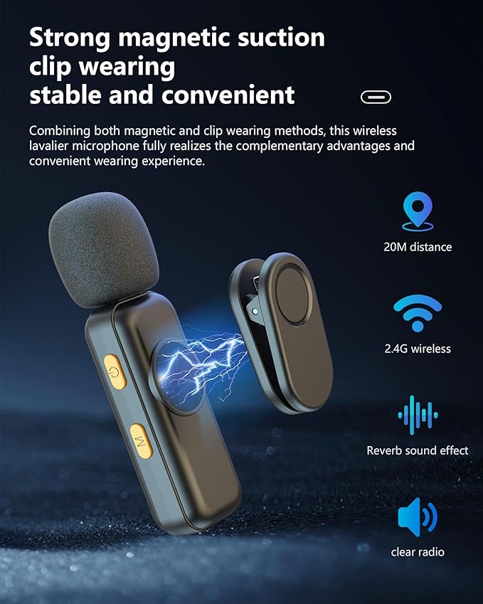 Wireless Lavalier Microphone for iPhone-iPad, Android Phone,Computer,Microphone wireless,Mini Lapel Mic with Noise Reduction and Crystal Sound for Video Recording,Vlogging,TikTok,Singing,YouTube-Black