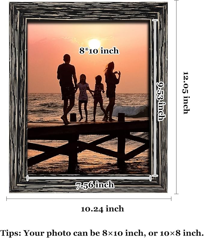OKSQW 8 x 10 Picture Frame Solid Wood Rustic Handmade Striped Border Black Photo Frames HD Glass for Wall or Tabletop Display Gift Family Office Wedding Gallery Country Farmhouse Collage Home Decor