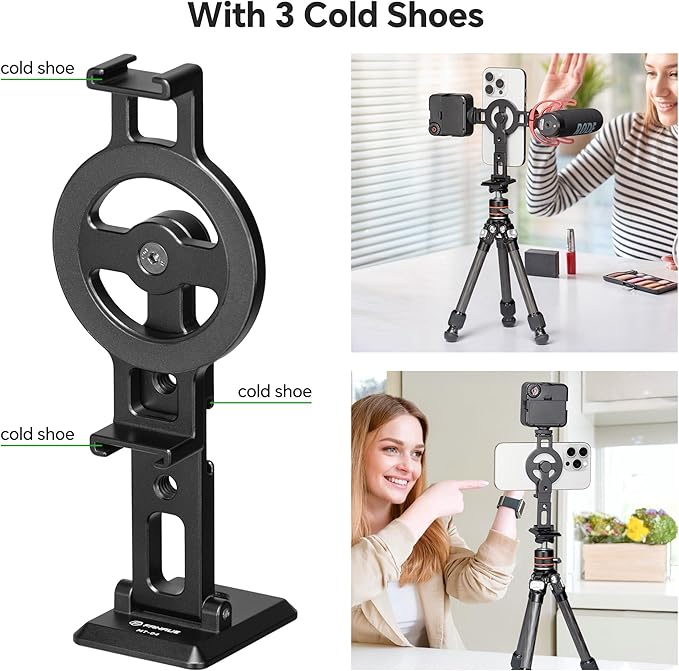 FANAUE Cell Phone Tripod Mount, Magnetic Aluminum Smartphone Stand Adapter with Cold Shoe Arca Swiss QR Base Plate,1/4" & 3/8'' Screw Phone Holder Mount for Video Live Streaming Vlogging