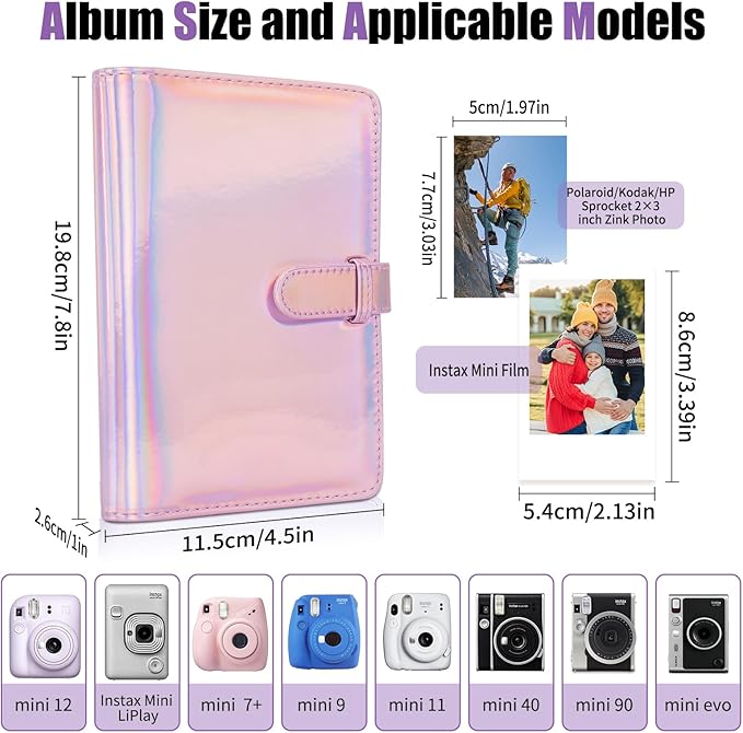Riosin 108 Pockets Mini Album Compatible with Fujifilm Instax Mini film, Suitable for Instax Mini 12/11/7+/9/Evo/Link 2,2x3"Photo Album for Canon Ivy 2 Printer Kpop Photocard(Magic Pink)