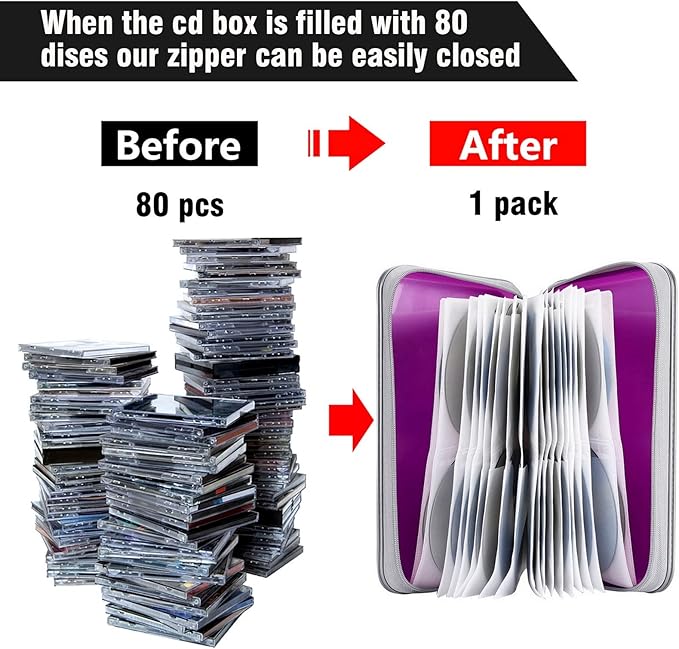 CD/DVD Case Holder, 80 Capacity Hard Plastic Disc Cases Storage Binder for Car, Home, Office, Travel (Purple)