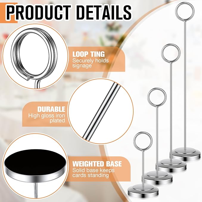 Otoolling 20 Pcs Table Number Holders 4/6/8/10 Inch Place Card Holder Stands Wire Photo Clips Metal Table Card Stands for Centerpieces, Photos, Food Signs, Birthdays, Weddings (Silver)