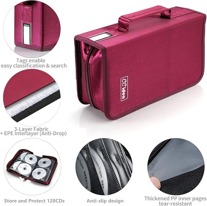 CCidea CD Case DVD Storage Holder, 128 Capacity DVD Cases Organizer CD Plastic Protective Carrying Binder,Portable Cd Wallet for Home Travel (Red), 128-red, L11.4 xW 6.4 x H3.5 INCH, Beauty Case