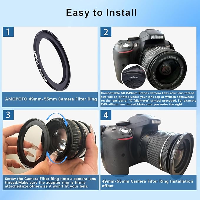 49mm to 55mm Step-Up Ring Filter adapter/49mm to 55mm Camera Filter Ring ;Compatible All Brands 49 mm Lens and 55 mm UV,ND,CPL,Metal Step Up Ring