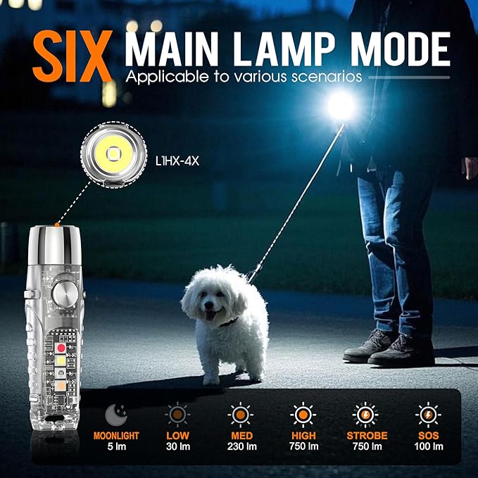 S12Pro Keychain Flashlight Rechargeable,750 High Lumen EDC Mini Flashlight with Clip,Multifunction COB Light with 365nmUV-11 Lighting Modes, Tail Magnet, Flash Light