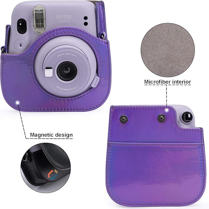 Frankmate PU Leather Camera Case Compatible with Fujifilm Instax Mini 11 12 Instant Camera with Adjustable Strap and Pocket (Magic Purple)