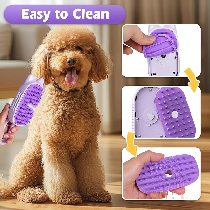 Pet Steam Brush for Dogs and Cats, Spritz Defur Comb 3 in 1 Pet Rechargeable Steam Brush Tool for Long and Short Haired Cats and Dogs, Anti-Static, Shedding, Detangling, Massage & Combing (Purple)