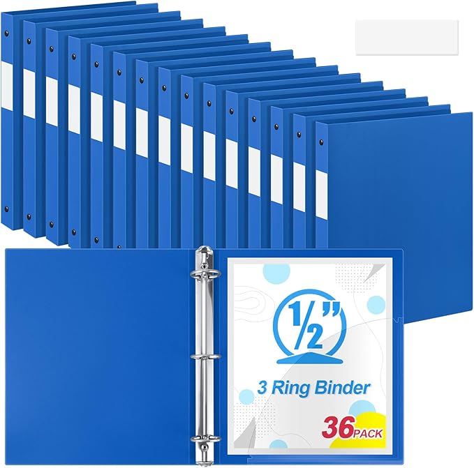 Henoyso 36 Pcs 3 Ring Binder 1/2'' Round Fits Letter Size 8.5'' x 11'' Paper Plastic Flexible Binder Holds 140 Sheets with 1 Pockets Versatile Organizer for Home Office School (Blue)