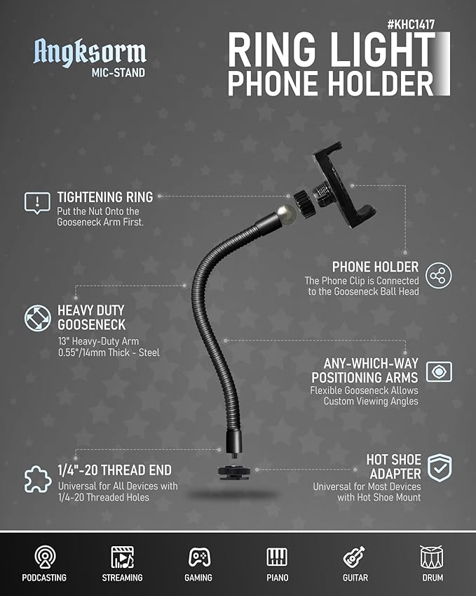 KHC1417 Ring Light Phone Holder with Flexible Heavy-Duty Gooseneck Arm – Adjustable Smartphone Mount with Hot Shoe Adapter for Tripods, Camera Mounts, iPhone & Android, 9-INCH