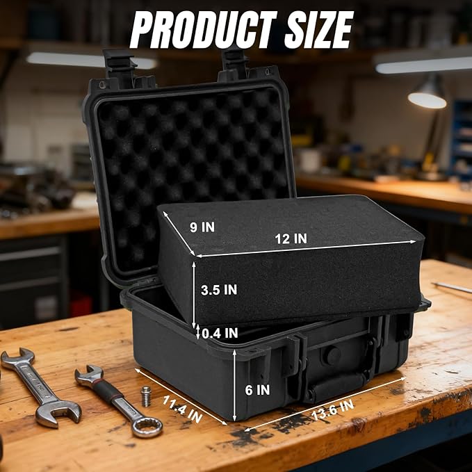 13.6X11.4X6 Inch Hard Case, Portable Weather Waterproof Protective Camera Case with Customizable Foam, Foam Case Fit Use of Drones, Camera, Equipments, Black,upgraded