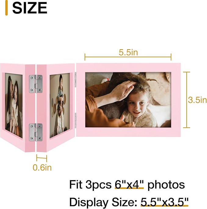 decorUhome Triple 6x4 Picture Frame Horizontal, Engineered Wood Trifold Photo Frame with Plexiglass for Tabletop Display, 6x4, Pink