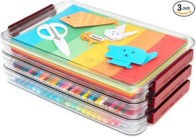 CATOOMUU A4 Storage File Box 9 X 13 Clear Stackable Slim Plastic Portable Project Case For Letter Paper Photo Documents Scrapbook, 3 Count