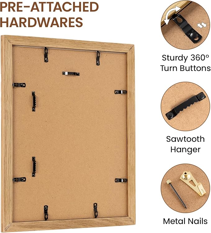 11x14 Picture Frame, Natural Solid Wooden Picture Frames with Tempered Glass, Display 8x10 with Mat or 11 x 14 Without, Vertical or Horizontal Wall Hanging Photo Frame, Natural Oak Color, 1 Pack