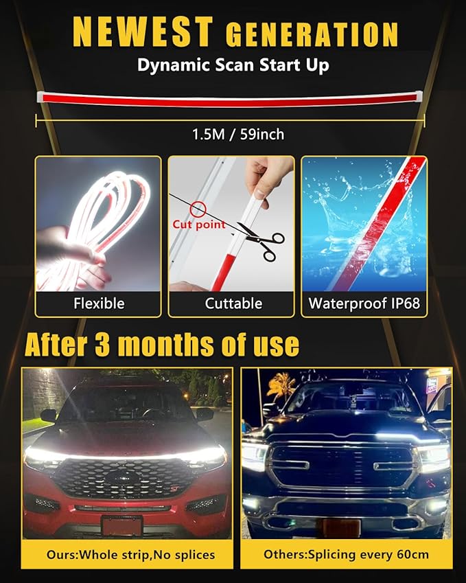 YM E-Bright Led Hood Light Strip Exterior Car Led Strip Light Waterproof Flexible DRL Dynamic Scan Start Up Hoodbeam Kit Daytime Running Lights for Car,Truck,SUV,12V 59inch,White,1 Set